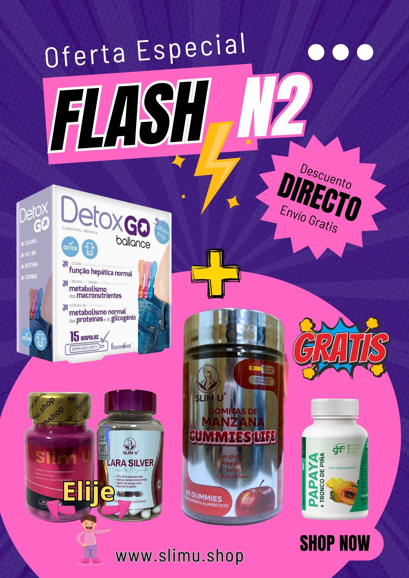 Pack 2 SlimU español + Detox Go + Gummies manzana