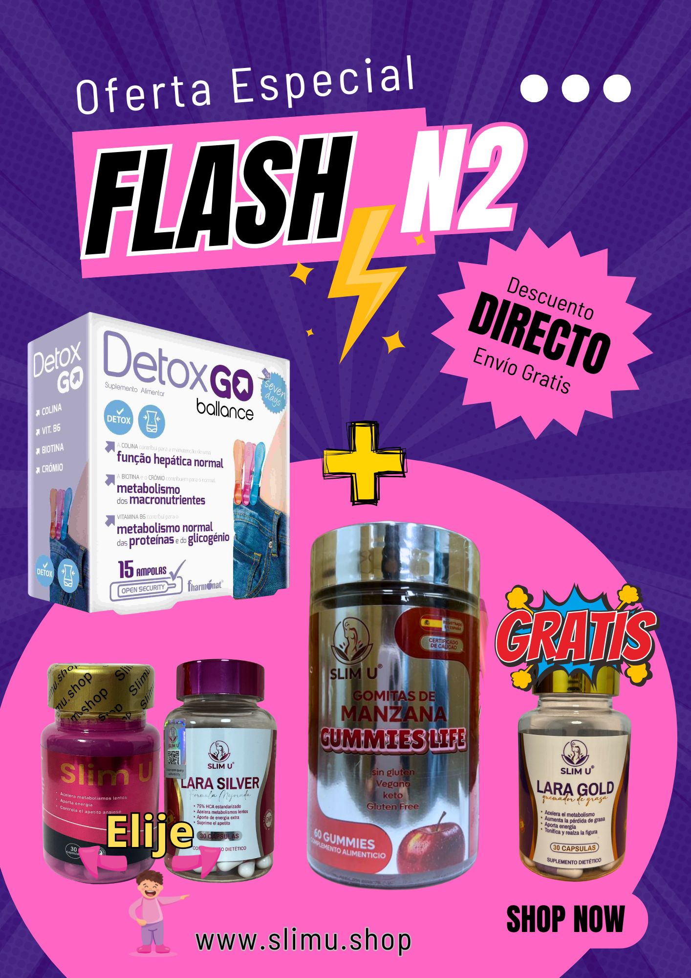Pack 2 SlimU español + Detox Go + Gummies manzana