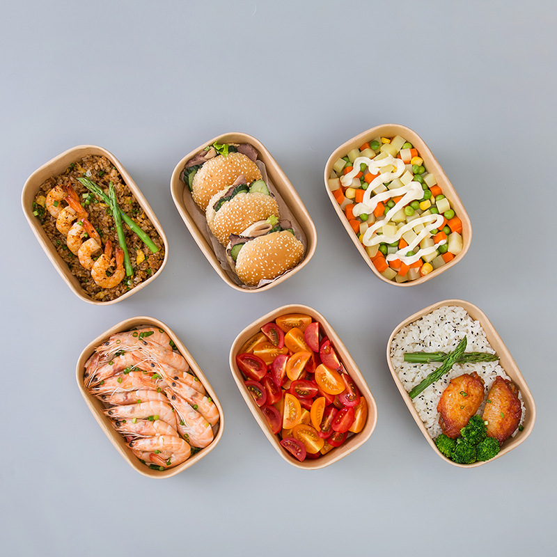 COMBO 300 Hộp đựng cơm trưa hình chữ nhật bằng giấy kraft dùng một lần, bát tròn dày, hộp đựng cơm trưa gà rán nhẹ, bát giấy đựng đồ mang đi