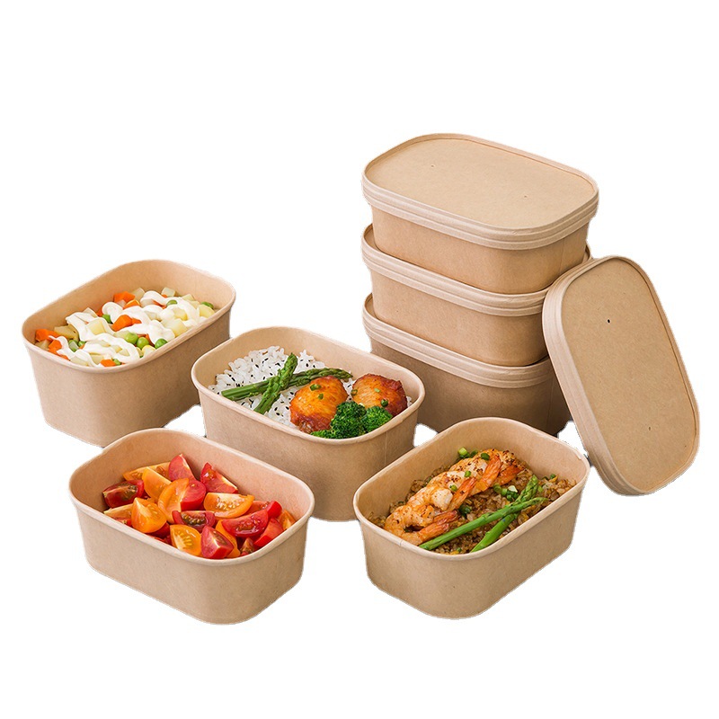 COMBO 300 Hộp đựng cơm trưa hình chữ nhật bằng giấy kraft dùng một lần, bát tròn dày, hộp đựng cơm trưa gà rán nhẹ, bát giấy đựng đồ mang đi