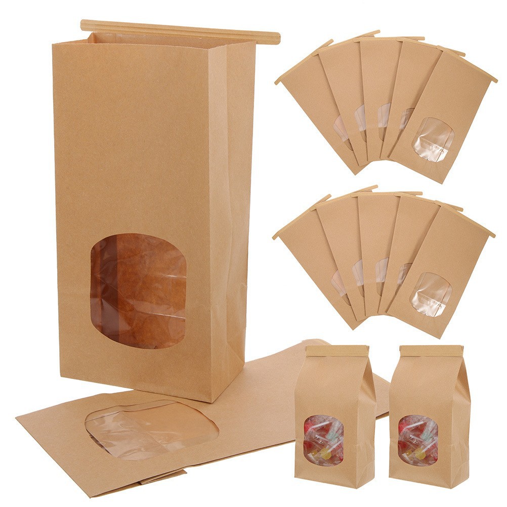 Set 100 Túi giấy kraft phân hủy màng PLA phủ cửa sổ túi đựng bánh mì trong suốt túi đựng thực phẩm nướng cuộn dây