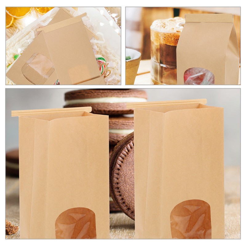 Set 100 Túi giấy kraft phân hủy màng PLA phủ cửa sổ túi đựng bánh mì trong suốt túi đựng thực phẩm nướng cuộn dây