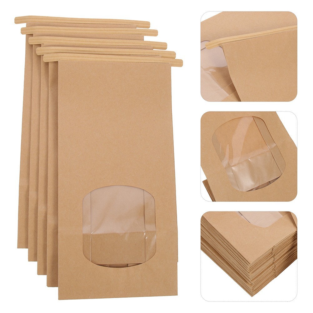 Set 100 Túi giấy kraft phân hủy màng PLA phủ cửa sổ túi đựng bánh mì trong suốt túi đựng thực phẩm nướng cuộn dây