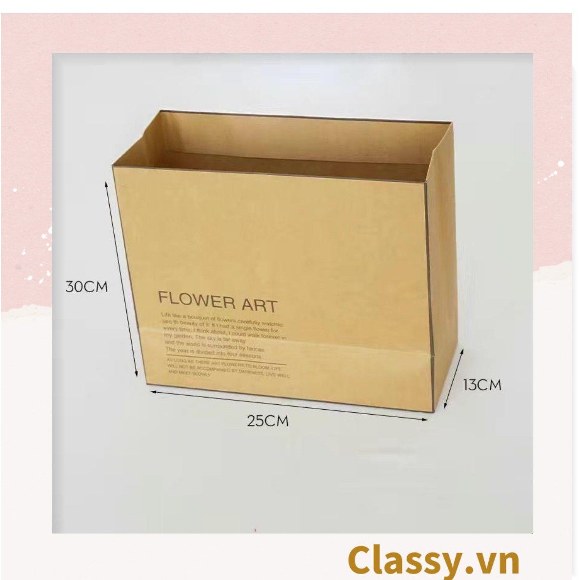 Set 10 Túi giấy quai xách 30 X 25 X 13 cm đựng hoa trang trí in chữ Flower Art màu Nâu kraft vintage Q1727 (không kèm gấu, hoa, ruy băng)
