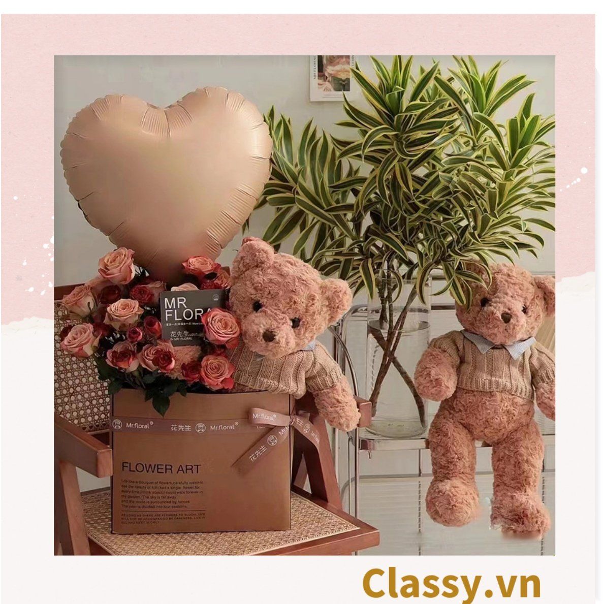 Set 10 Túi giấy quai xách 30 X 25 X 13 cm đựng hoa trang trí in chữ Flower Art màu Nâu kraft vintage Q1727 (không kèm gấu, hoa, ruy băng)