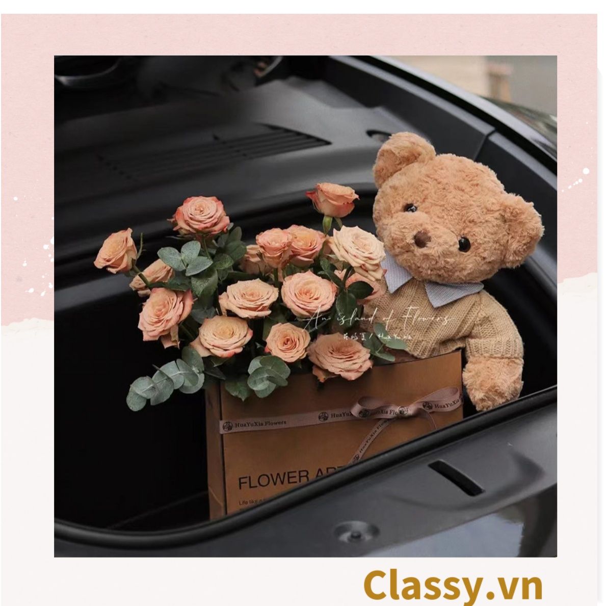 Set 10 Túi giấy quai xách 30 X 25 X 13 cm đựng hoa trang trí in chữ Flower Art màu Nâu kraft vintage Q1727 (không kèm gấu, hoa, ruy băng)