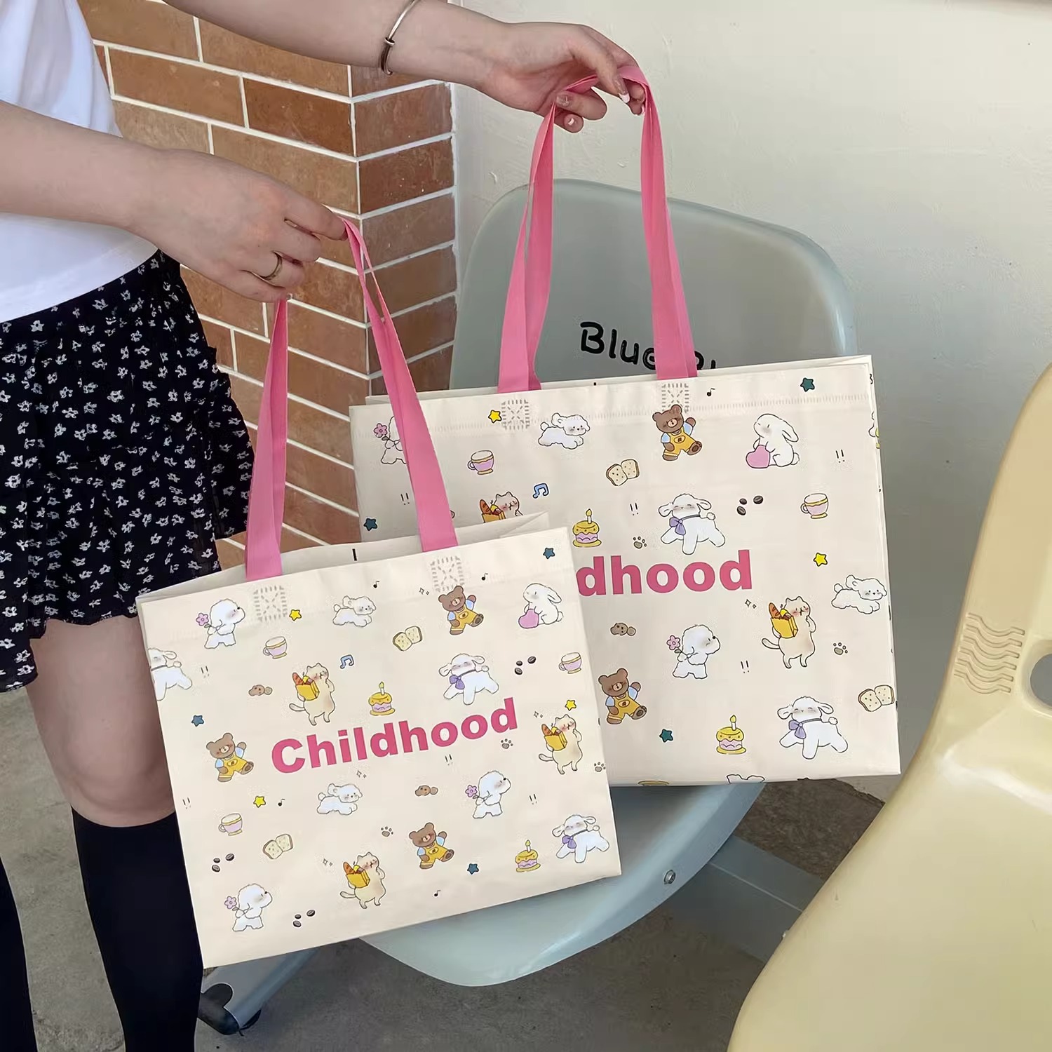 Combo 10 Túi vải không dệt hình gấu hồng dễ thương hoạt hình quần áo trẻ em thắt lưng đóng gói quà tặng mua sắm túi xách quà tặng