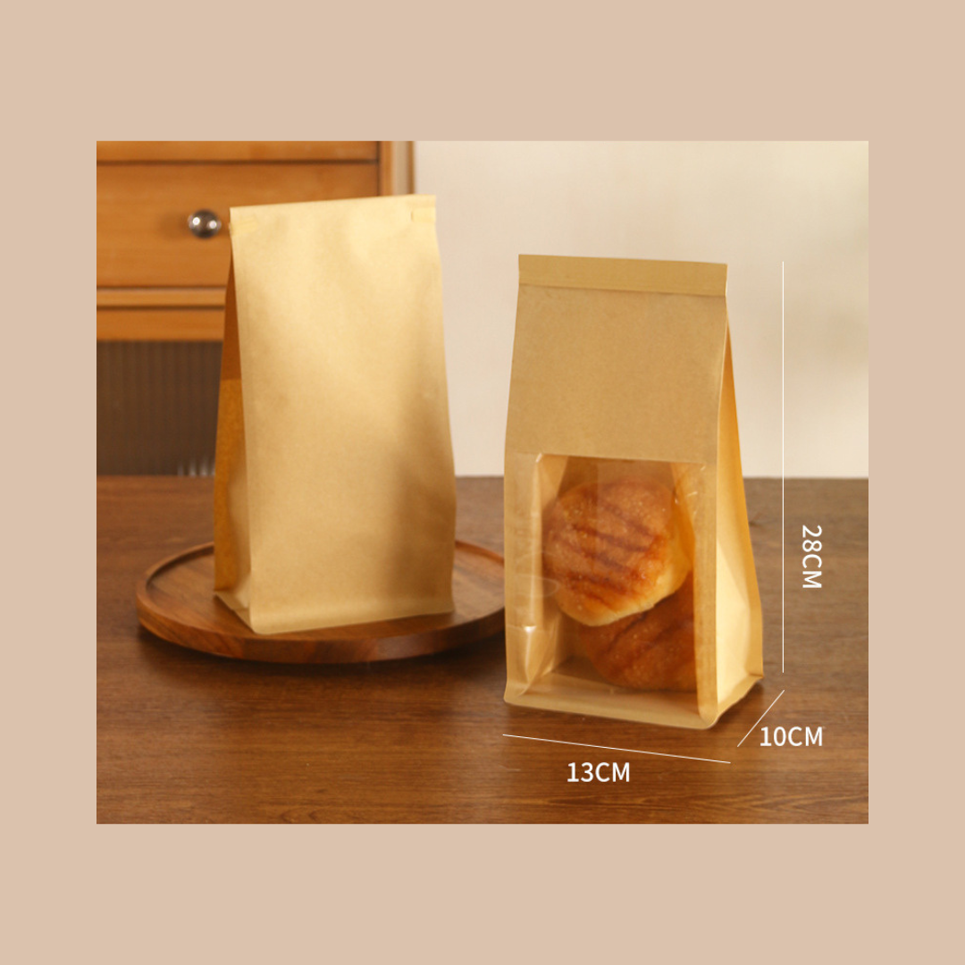 Set 100 Túi giấy kraft phân hủy màng PLA phủ cửa sổ túi đựng bánh mì trong suốt túi đựng thực phẩm nướng cuộn dây