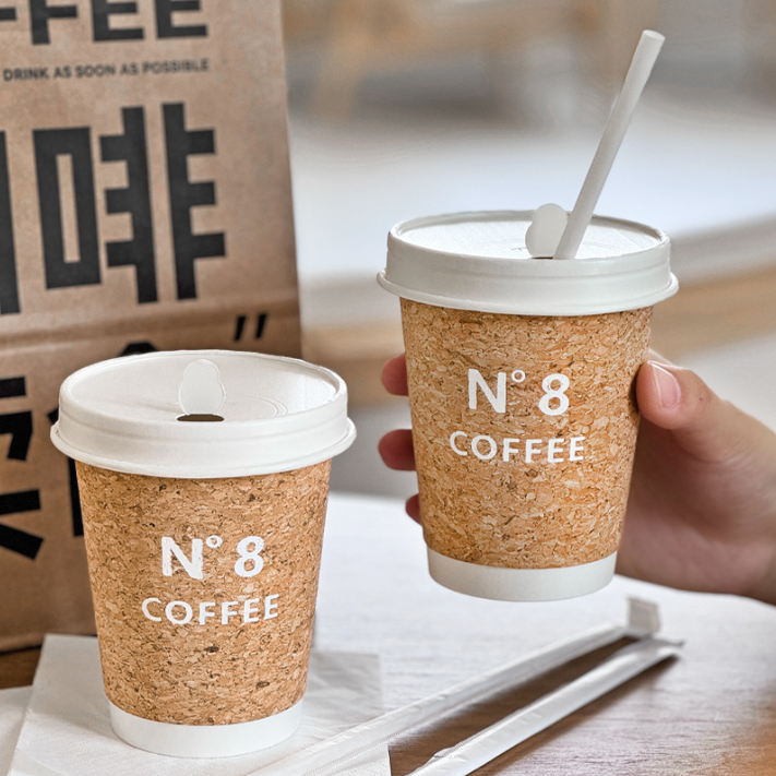 Cốc bần dùng một lần cốc cà phê trà sữa cốc giấy nửa gói có nắp đồ uống nóng cầm tay mang đi bao bì in logo