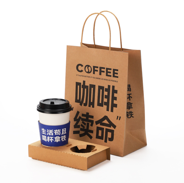 Túi đựng cà phê, túi giấy kraft đựng đồ uống trà sữa mang đi, cốc giấy gợn sóng đơn, cốc đôi, bốn cốc