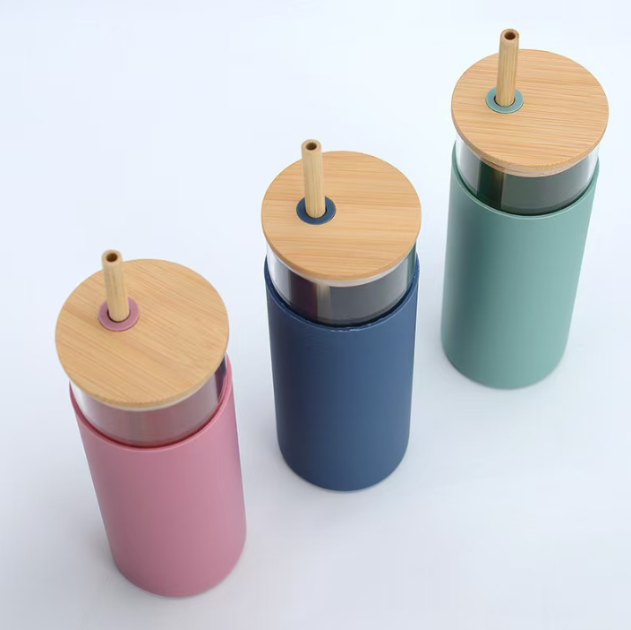 combo 15 Cốc thủy tinh đựng nước bằng silicon borosilicate cao 16oz, cốc thủy tinh đựng cà phê chịu nhiệt độ cao đơn giản có nắp tre, ống hút,.