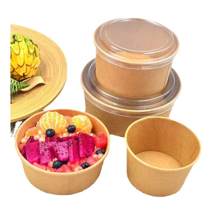 Hộp đựng cơm trưa tròn bằng giấy kraft, hộp đựng salad dùng một lần, hộp đựng cơm trưa trái cây có nắp, nhà sản xuất bán buôn