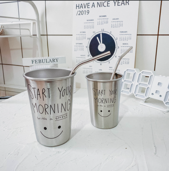 Cốc nước bằng thép không gỉ hình mặt cười đơn giản dễ thương phong cách Hàn Quốc, cốc phong cách công nghiệp, cốc đựng đồ uống lạnh, cốc cà phê cắm trại ngoài trời