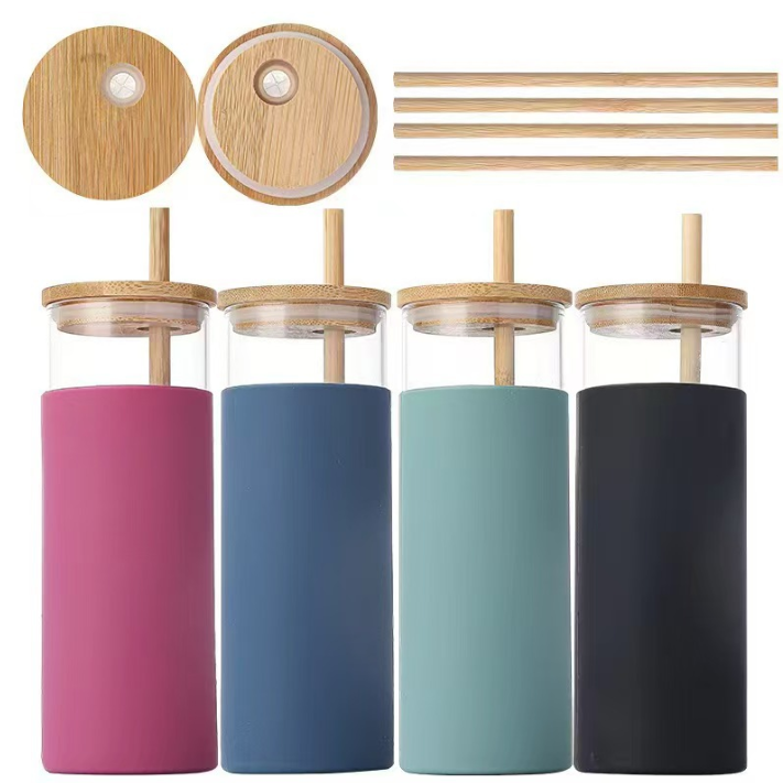combo 15 Cốc thủy tinh đựng nước bằng silicon borosilicate cao 16oz, cốc thủy tinh đựng cà phê chịu nhiệt độ cao đơn giản có nắp tre, ống hút,.
