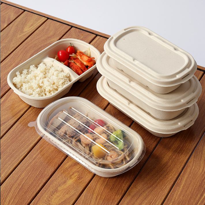 combo 150 Hộp cơm trưa dã ngoại bento hai ngăn làm từ bã mía phân hủy sinh học dùng một lần, đựng salad trái cây mang đi