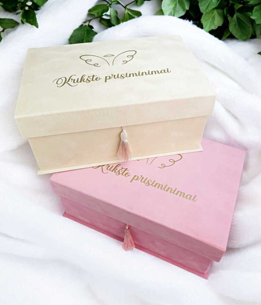 Veliūrinė dėžutė - krikštadėžė „Krikšto prisiminimai“