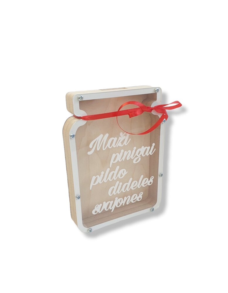 Medinė taupyklė „Maži pinigai pildo dideles svajones“