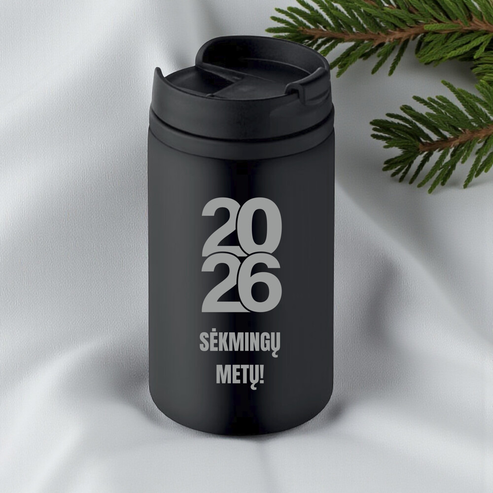 Juodas termo puodelis „2026 sėkmingų metų“