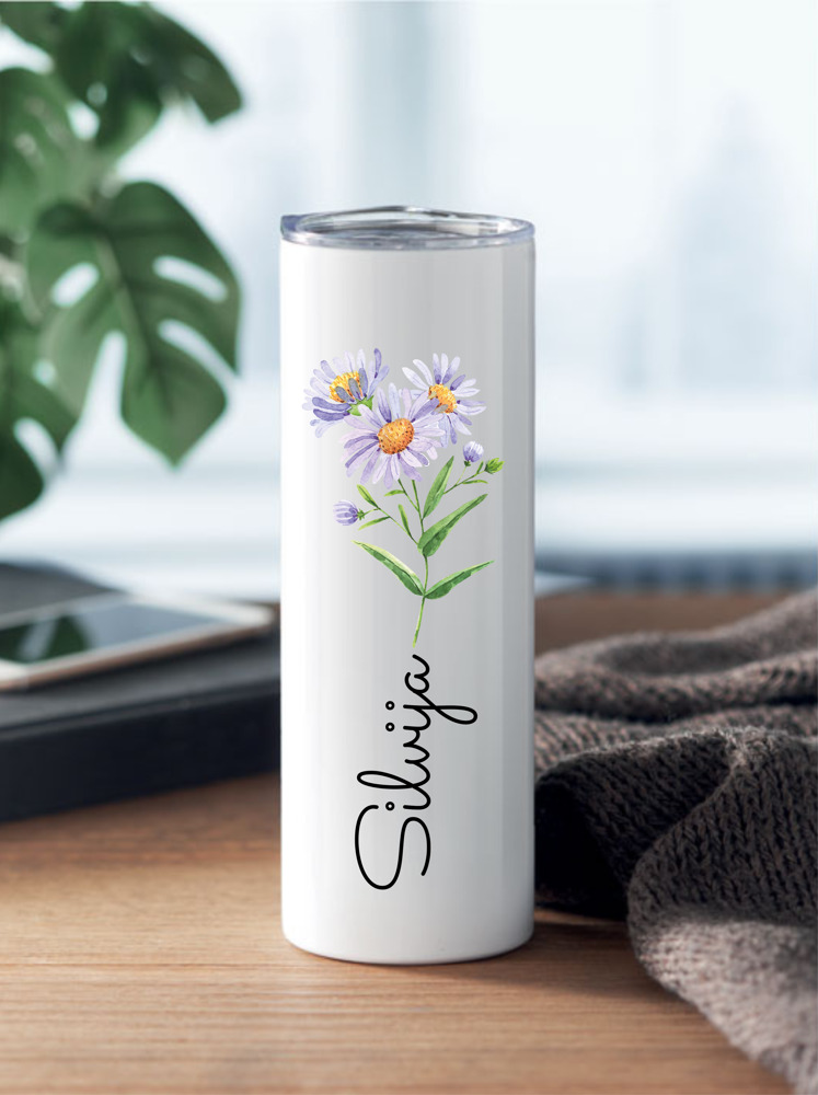 Termo gertuvė su gėlėmis ir jūsų pasirinktu vardu