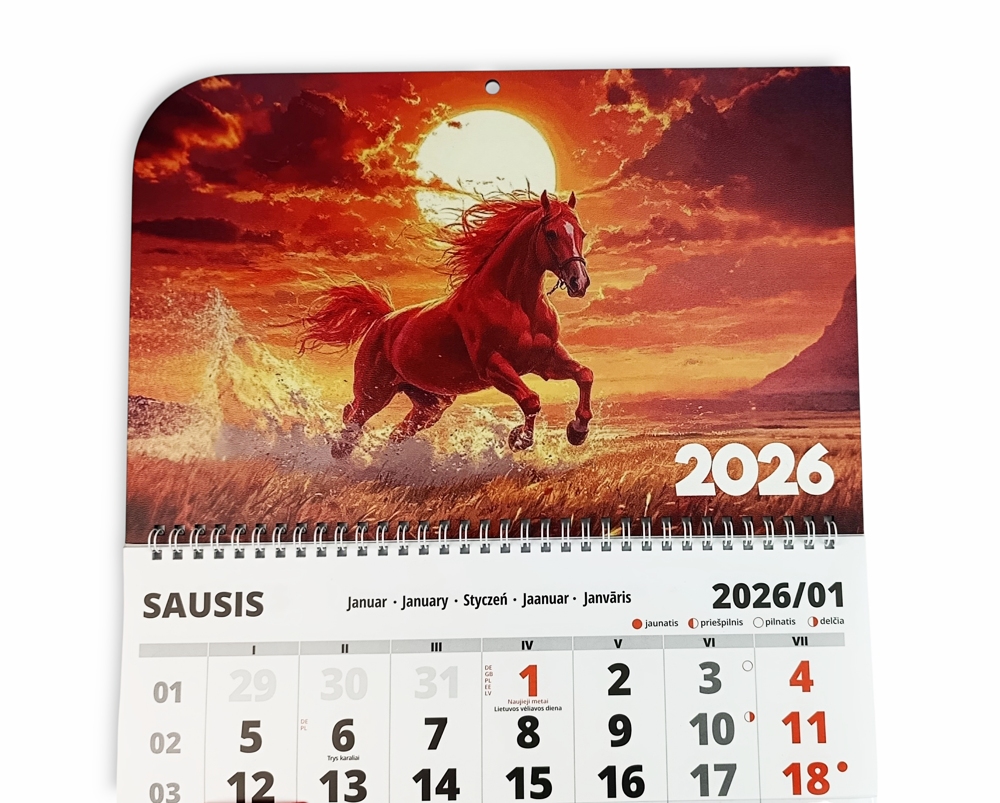 Sieninis kalendorius su spauda „2026 ugninio arklio metai“