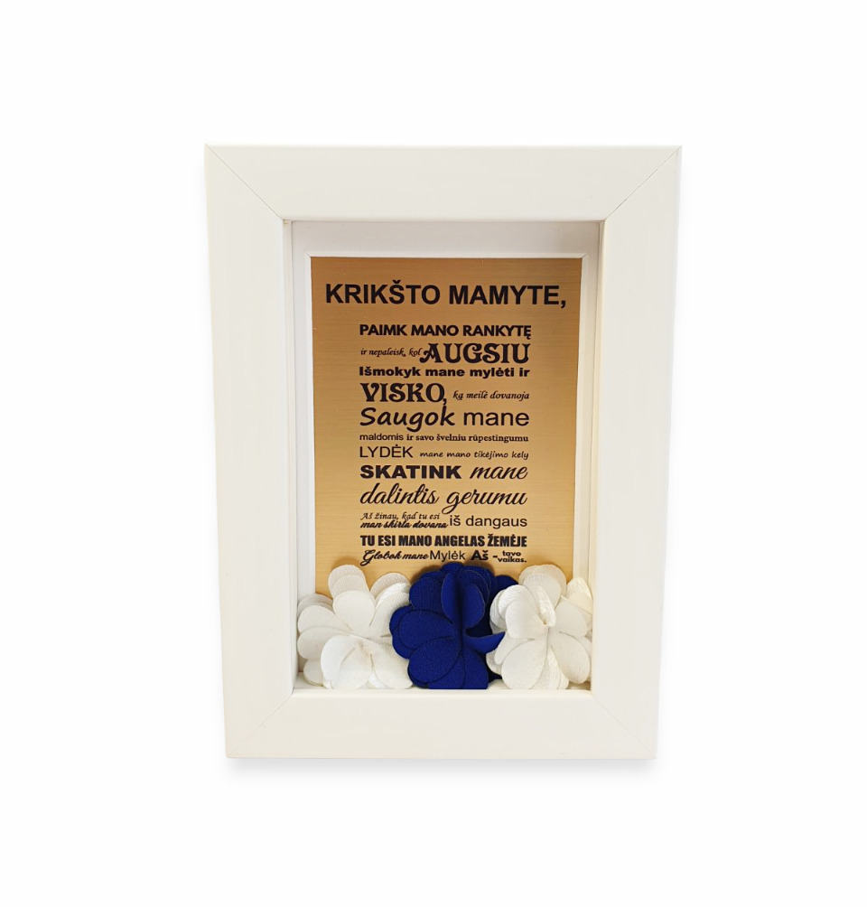 Baltas rėmelis su gėlytėm „Krikšto mamyte, paimk mano rankytę...“