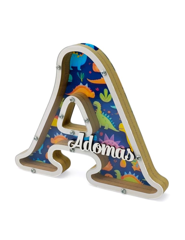 Balta, medinė taupyklė dinozaurai su raide (Su pasirinkta raide ir vardu)