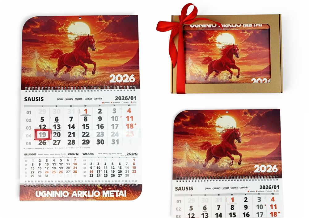 Sieninis kalendorius su spauda „2026 ugninio arklio metai“