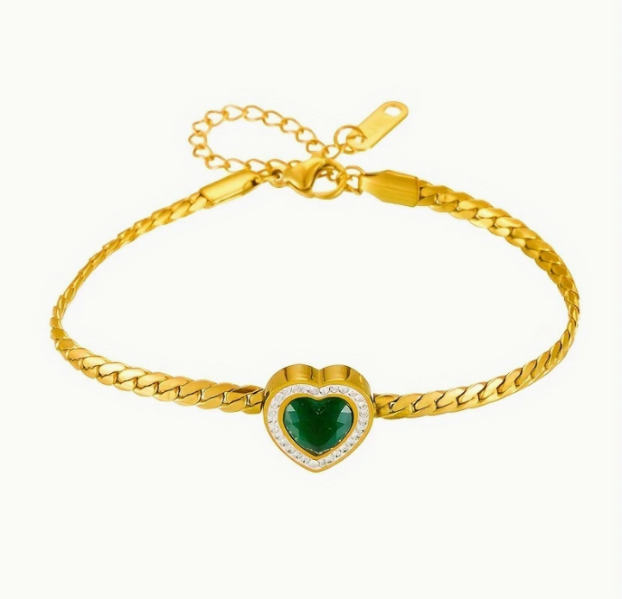 Pulseira dourada com coração verde