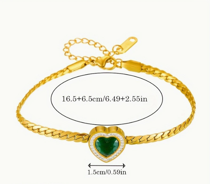 Pulseira dourada com coração verde