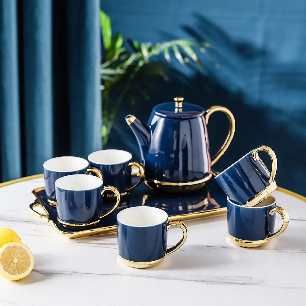 Blaues Keramik Teekannen- und Tassen-Geschenkset mit Goldrahmen || Blue Ceramic Teapot and Cup Gift Set with Gold Trim