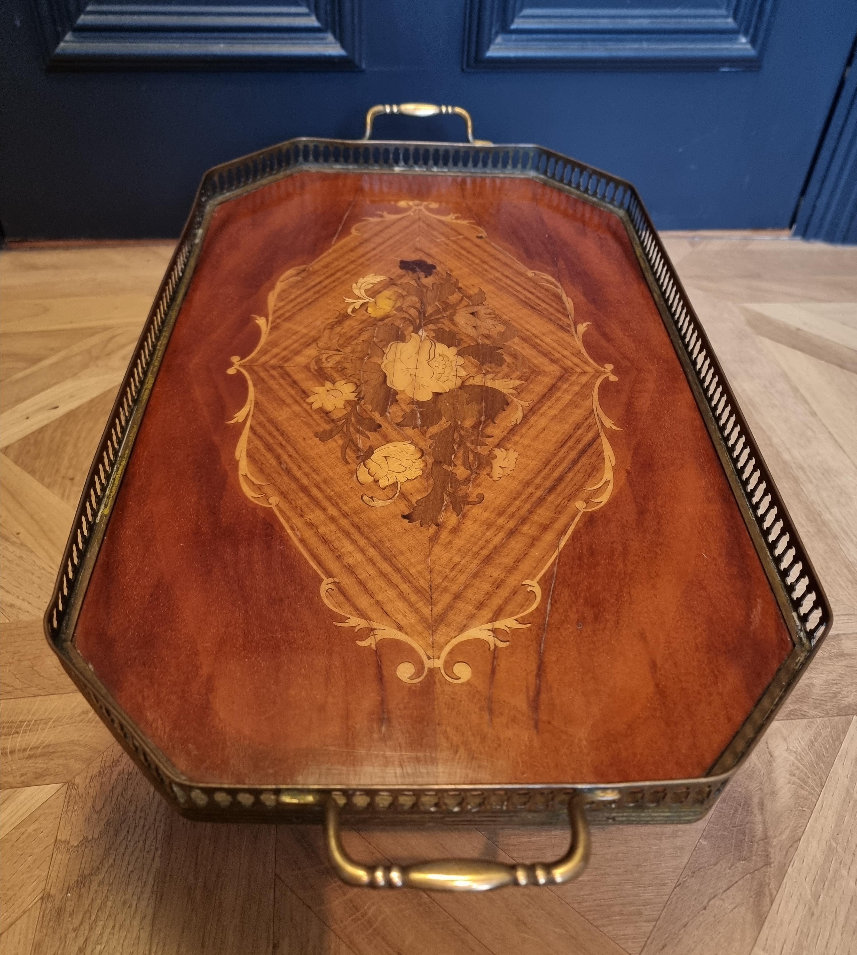 Elegant Antique Inlaid Marquetry Tray with Gallery