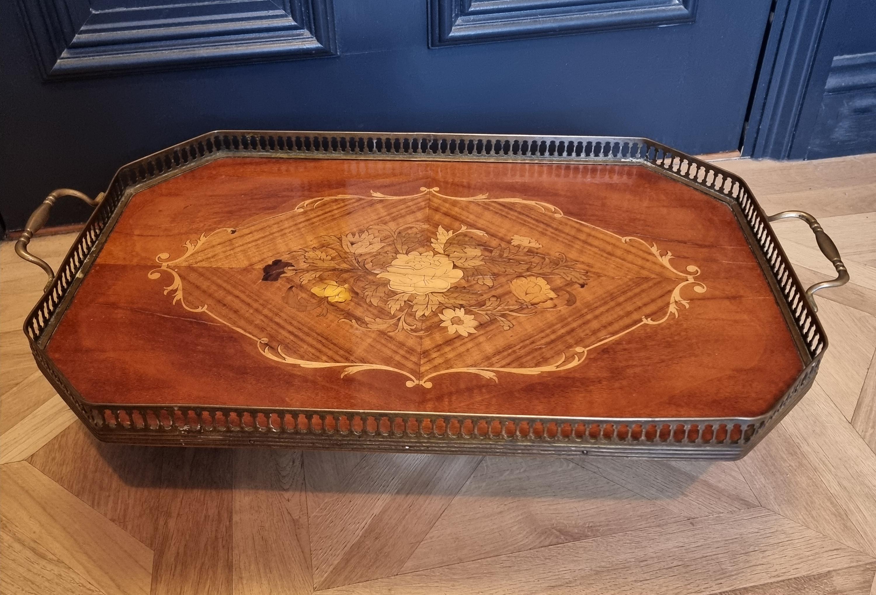 Elegant Antique Inlaid Marquetry Tray with Gallery