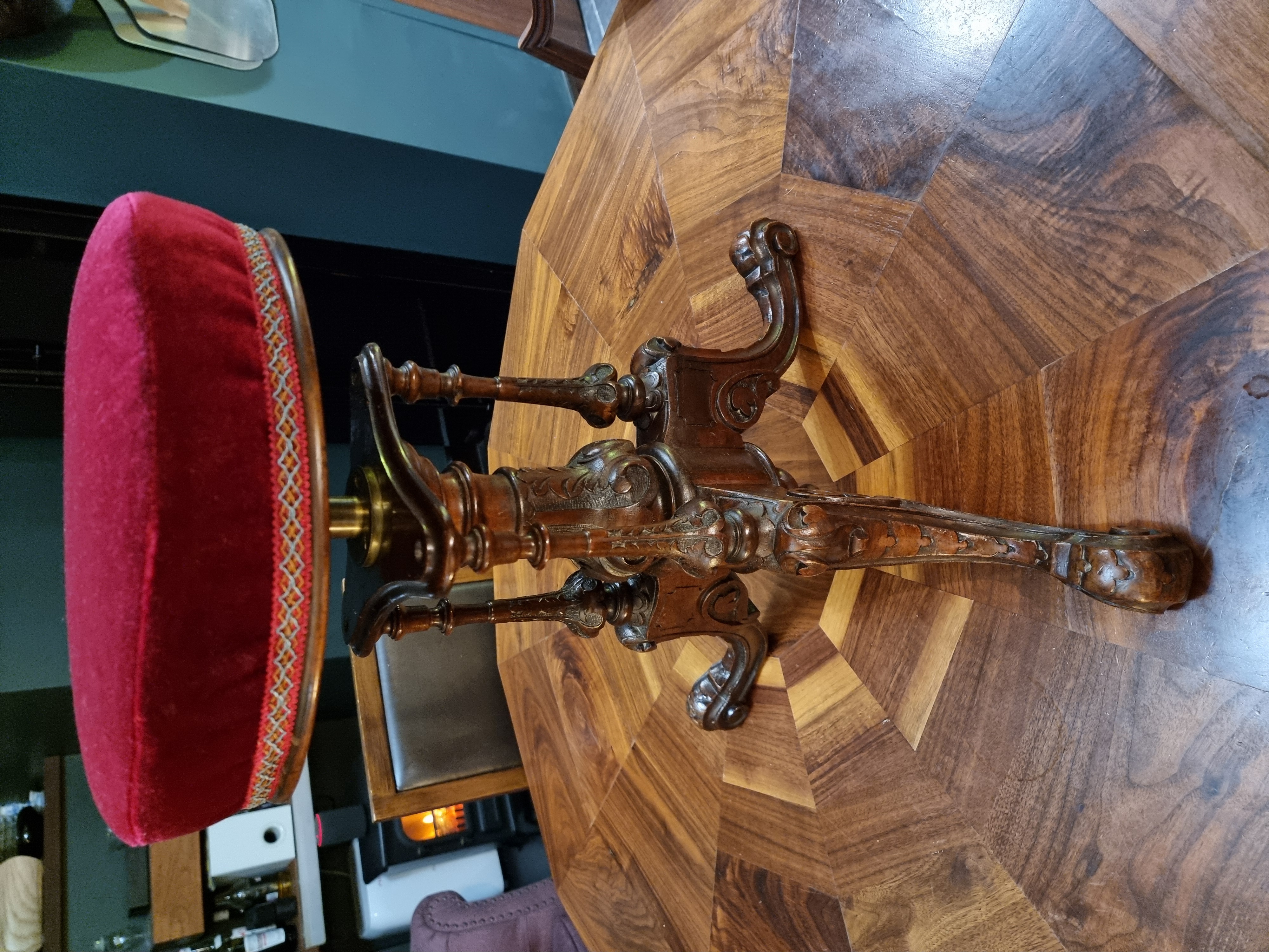 Victorian 1860s Ornate Carved Piano Stool – English Walnut – Marked “HOWE”