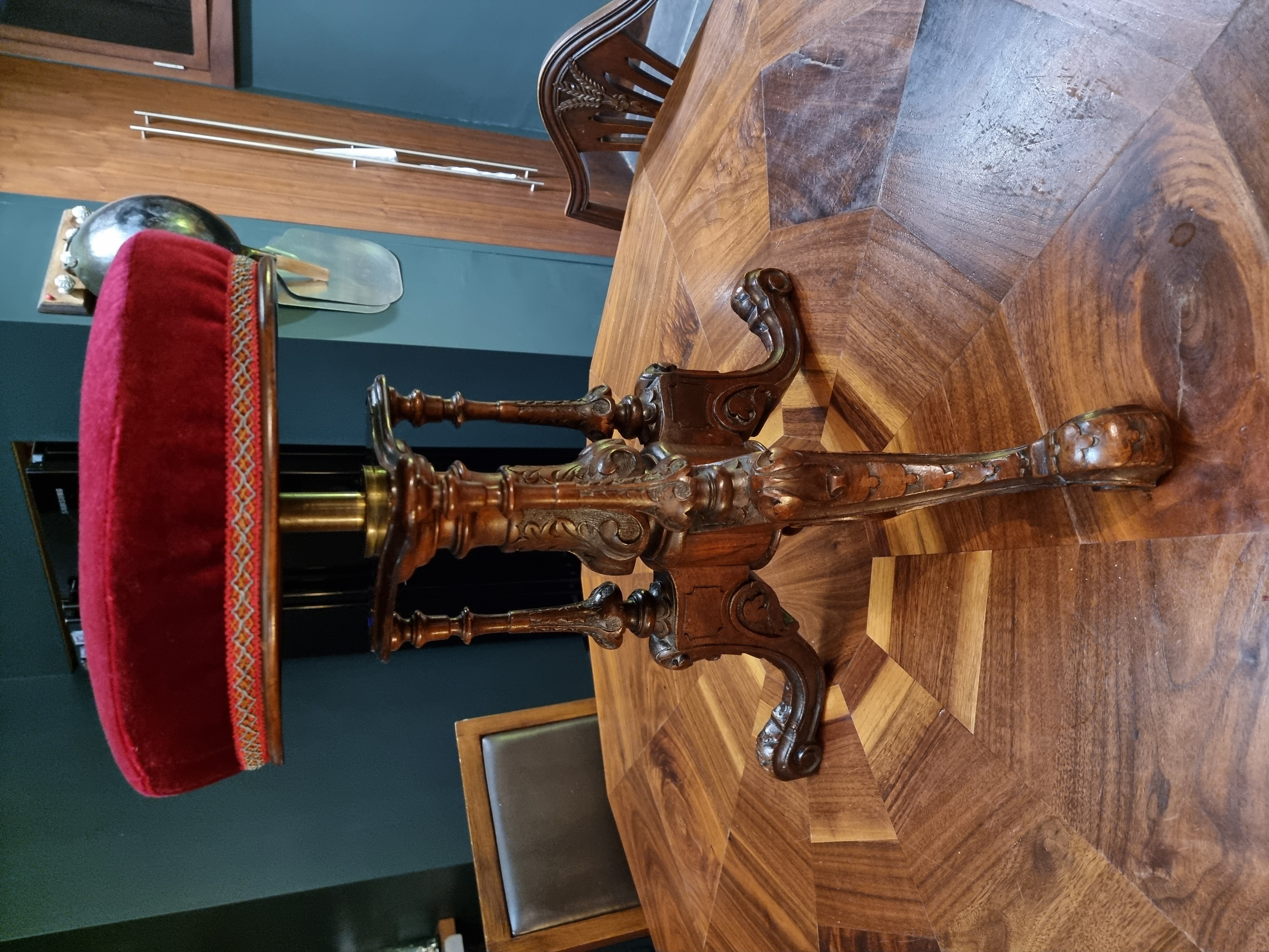 Victorian 1860s Ornate Carved Piano Stool – English Walnut – Marked “HOWE”