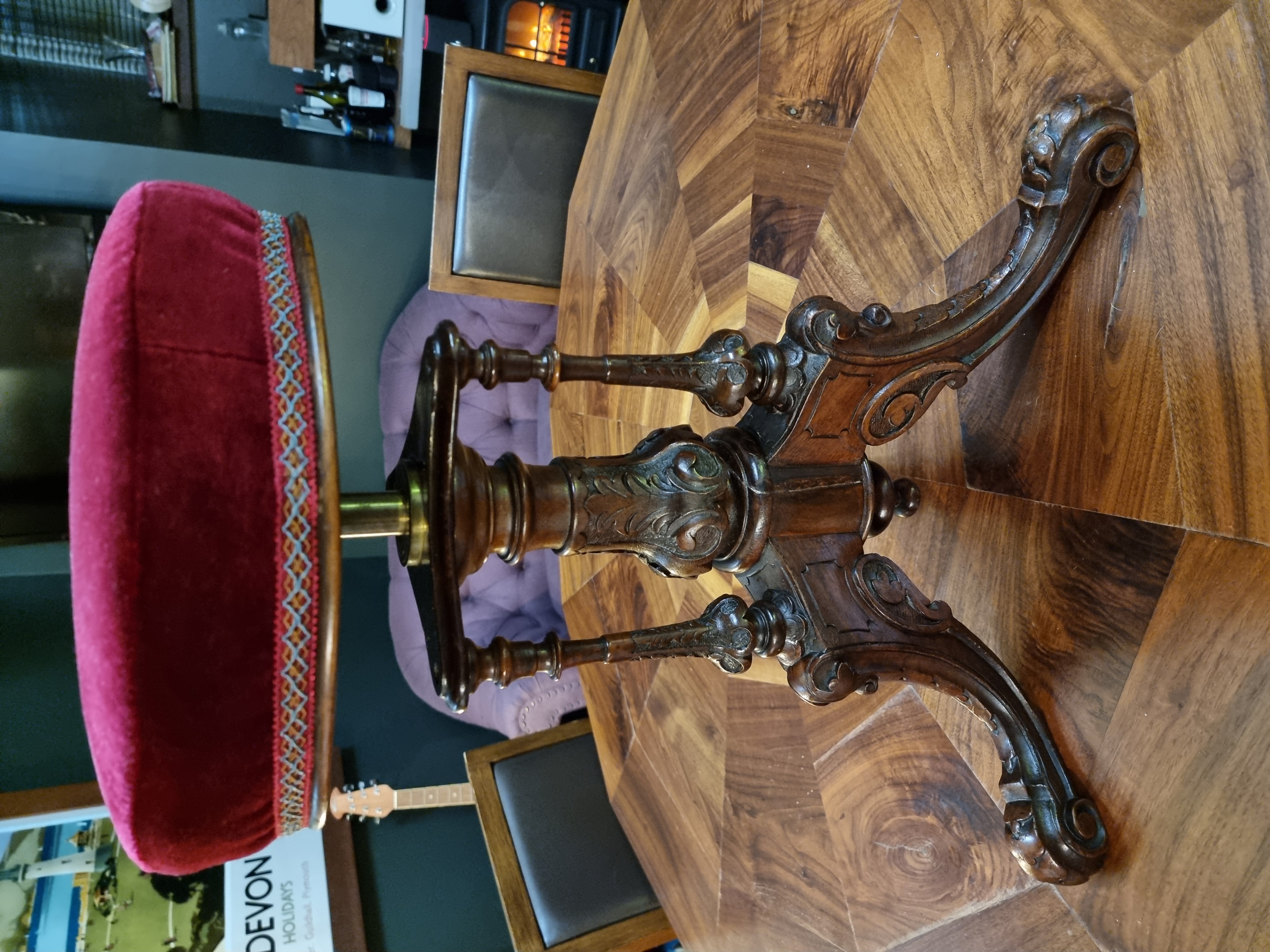 Victorian 1860s Ornate Carved Piano Stool – English Walnut – Marked “HOWE”