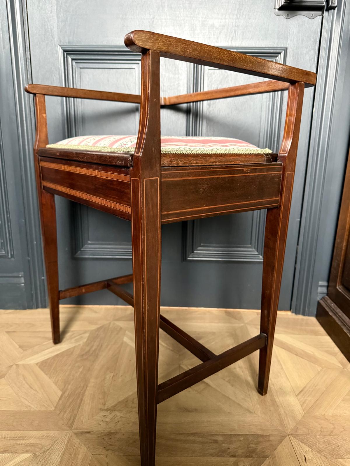 Exquisite Antique Inlaid Piano Stool with Lift-Up Seat