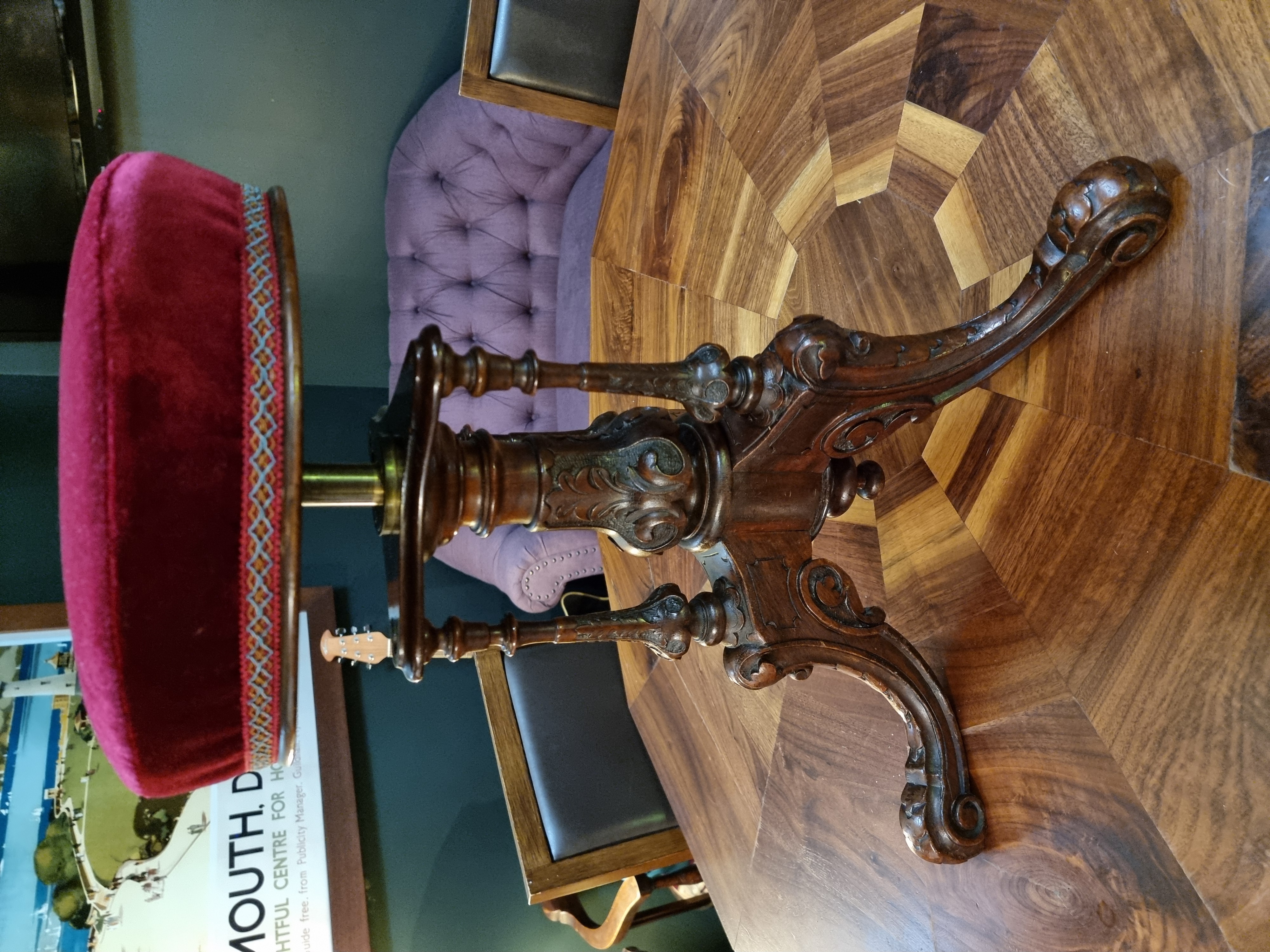 Victorian 1860s Ornate Carved Piano Stool – English Walnut – Marked “HOWE”