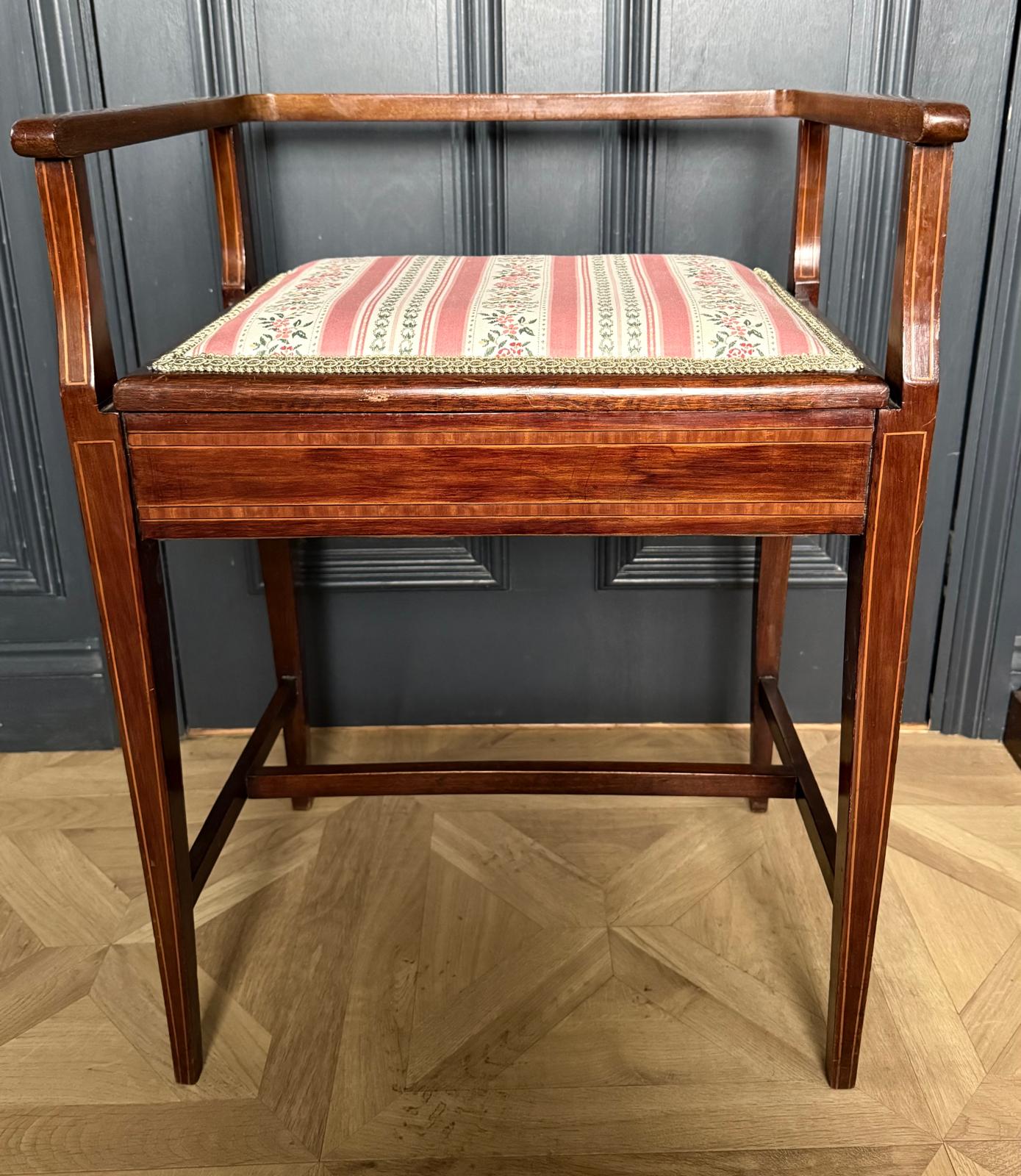 Exquisite Antique Inlaid Piano Stool with Lift-Up Seat