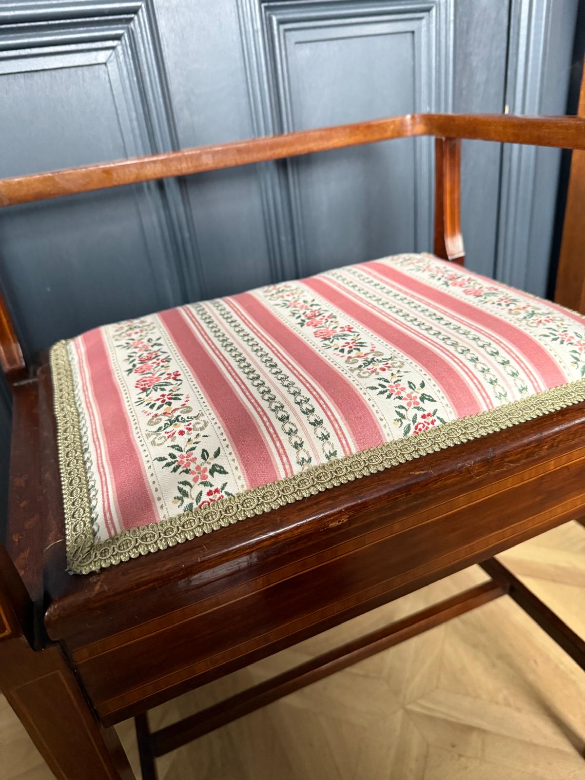 Exquisite Antique Inlaid Piano Stool with Lift-Up Seat