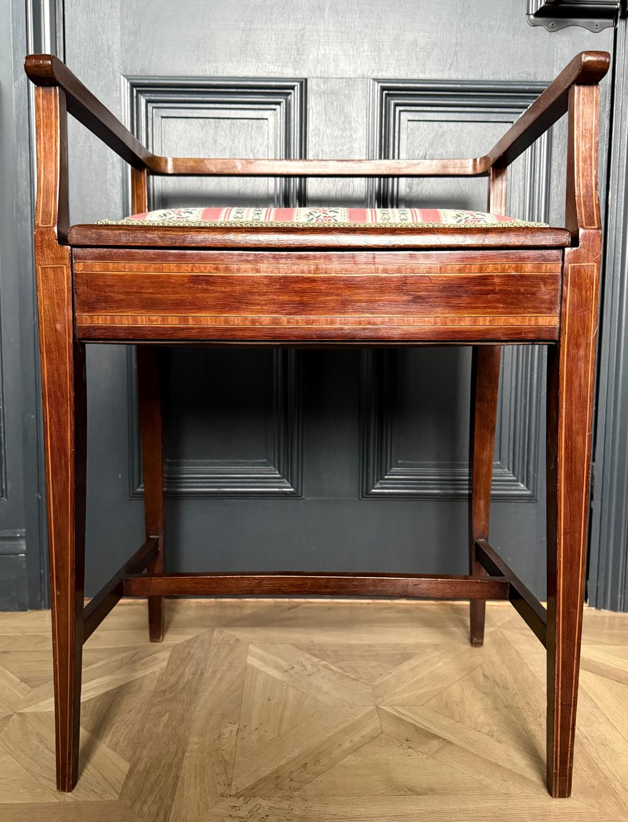 Exquisite Antique Inlaid Piano Stool with Lift-Up Seat