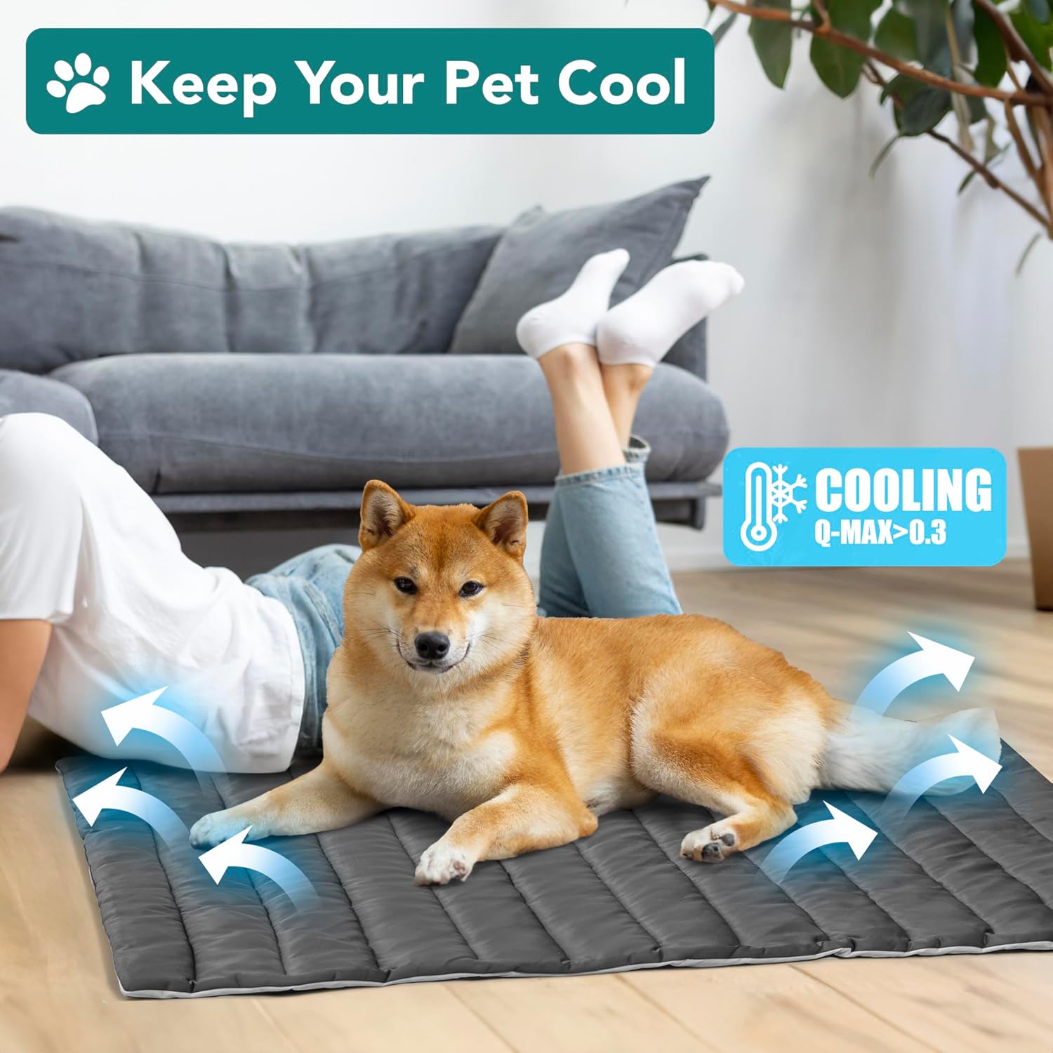 Cooling Mat for Dog, Premium Pet Cooling Blanket for Crate Kennel, Indoor Cat Cool Sleeping Pad, Q-MAX Cold Sofa Couch Cover for Summer, Gray/Light Grey, Large (40x60)