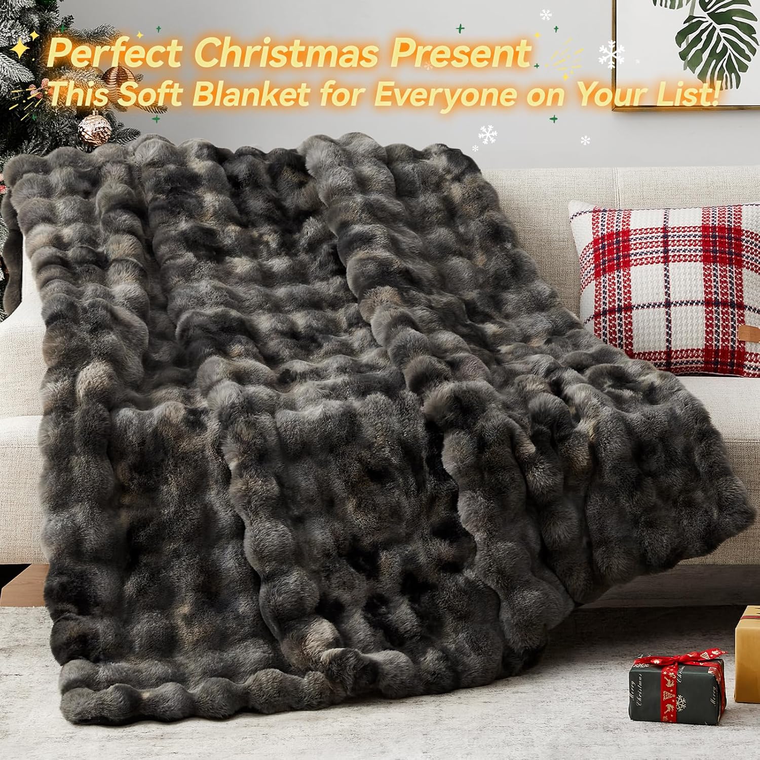 Faux Fur Throw Blanket, 1000GSM Fluffy Soft Bubble Blanket for Couch Bed, Cozy Plush Warm and Thick Blanket, Fuzzy Rabbit Lola Blanket for Living Room Bedroom 50''*60'' Tie-dye Grey