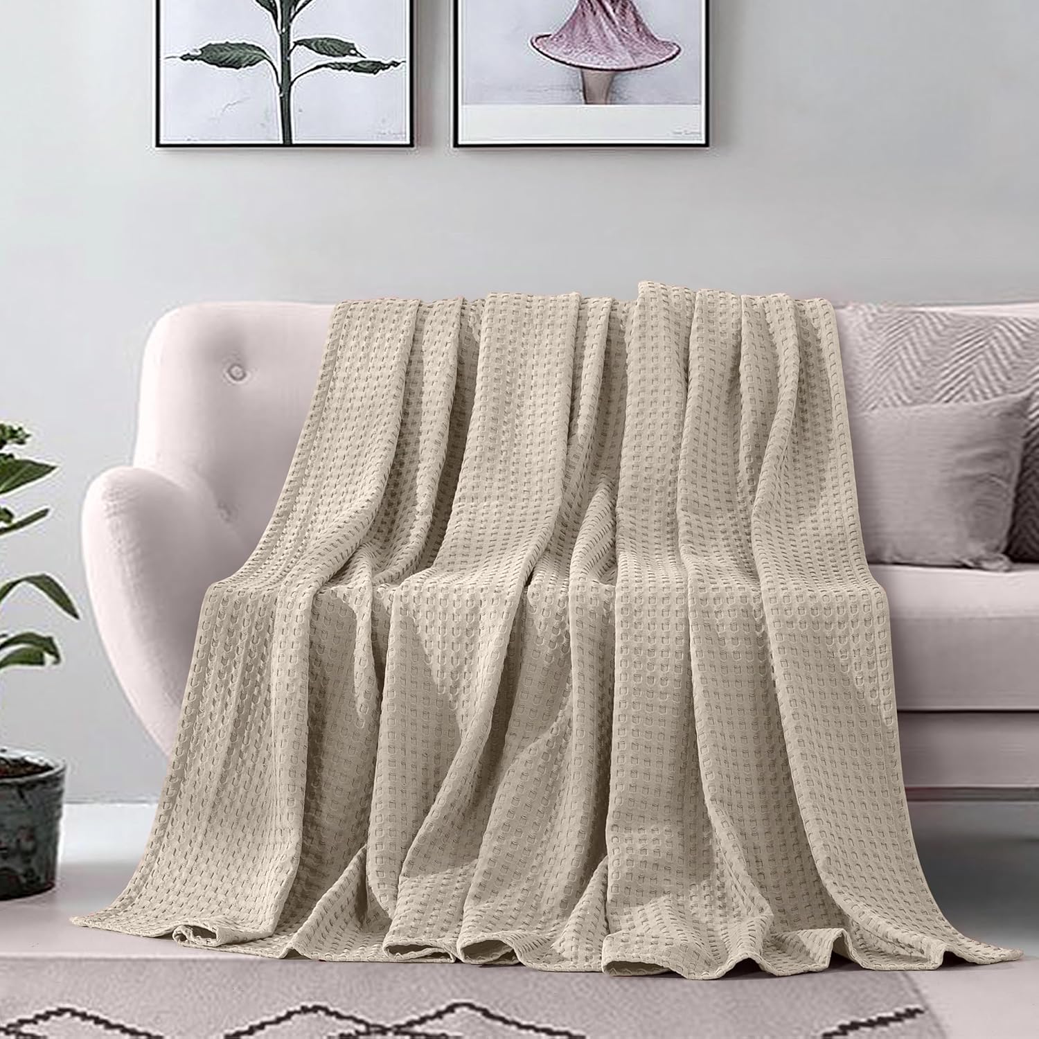 Premium 100% Cotton Waffle Blanket - Lightweight Breathable Waffle Weave Bed Blanket - Soft and Warm All Season Blanket for Couch, Sofa and Bed, Full Size 88x88 Inches, Linen