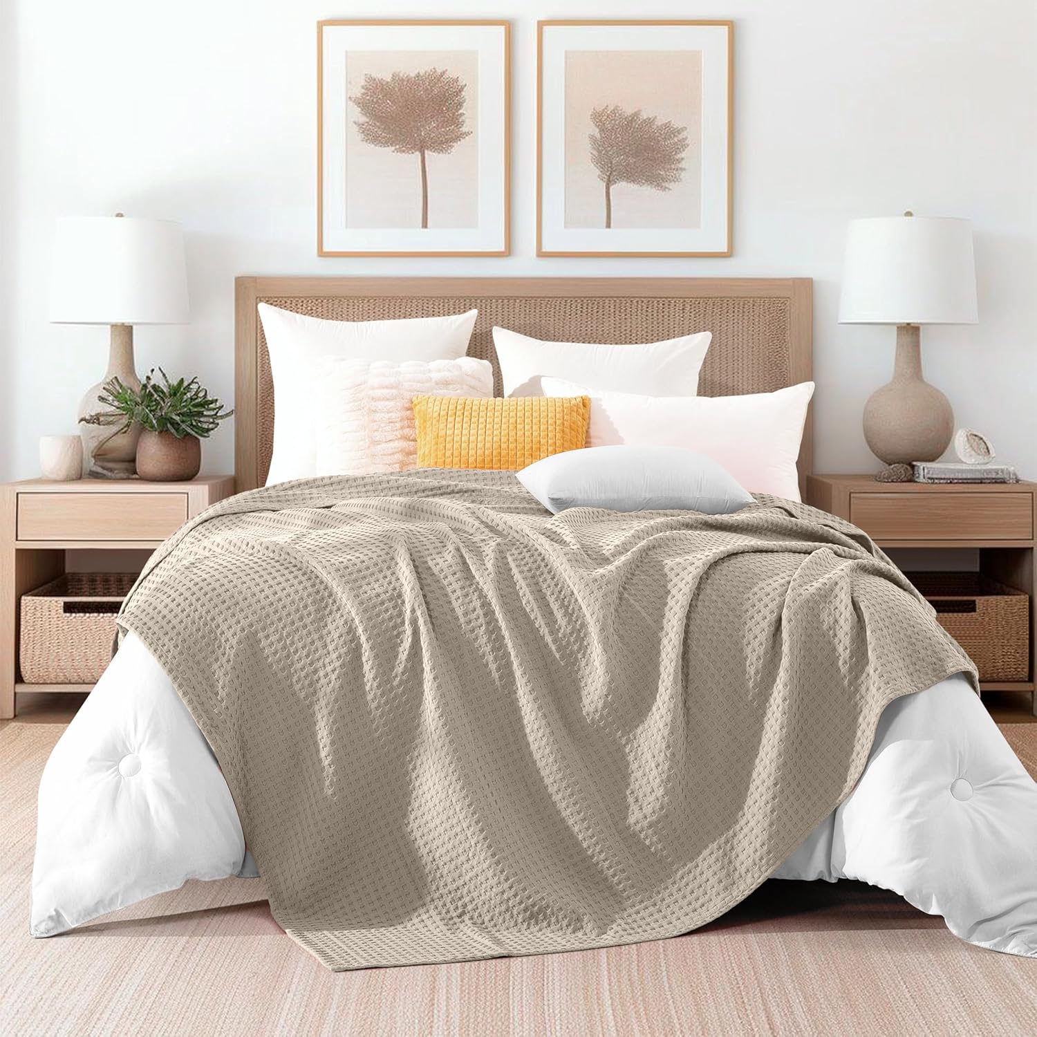 Premium 100% Cotton Waffle Blanket - Lightweight Breathable Waffle Weave Bed Blanket - Soft and Warm All Season Blanket for Couch, Sofa and Bed, Full Size 88x88 Inches, Linen
