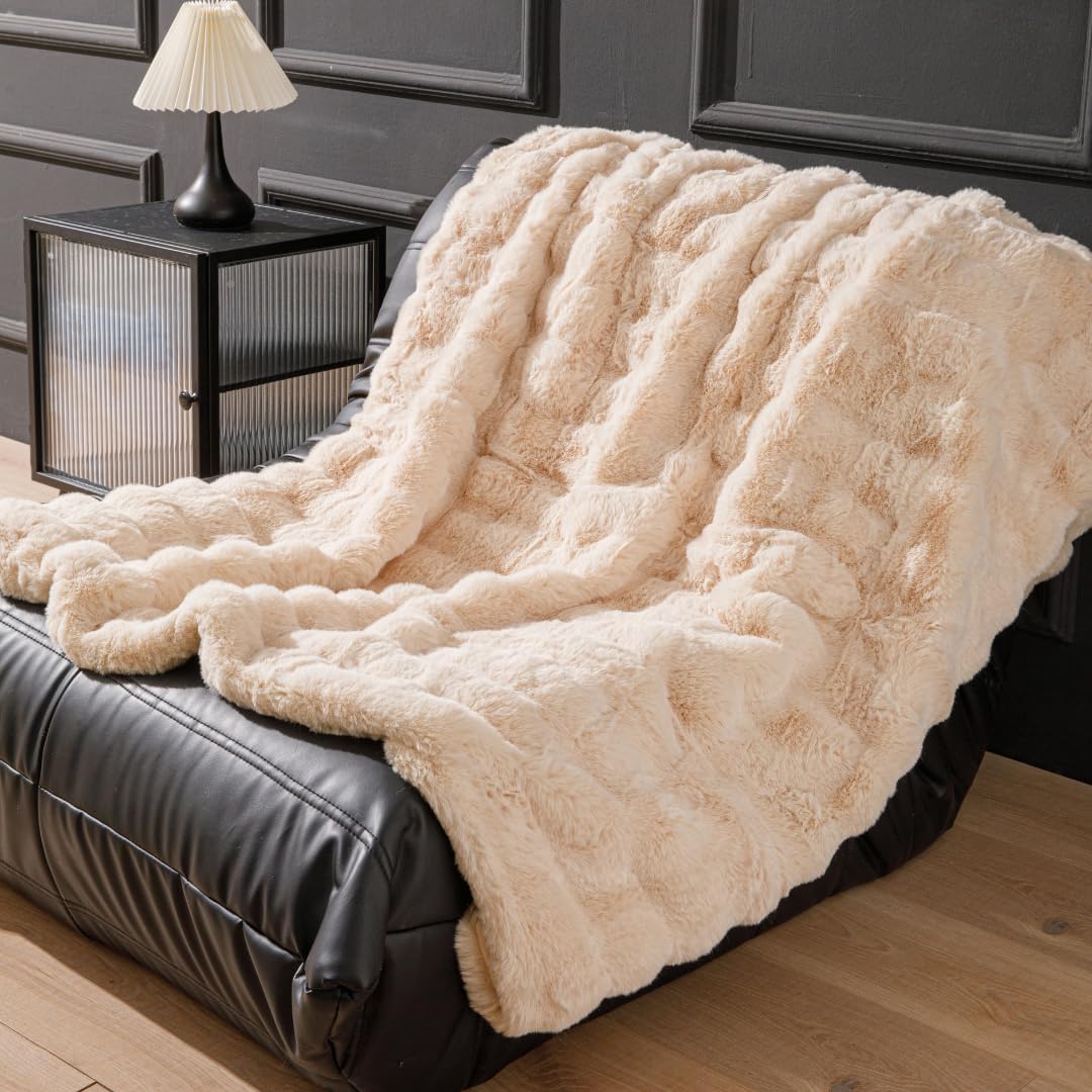 Faux Fur Basketweave Throw Blanket 60"x70" Shoreline Beige - Luxuriously Soft Cozy Warm Gift for Women, Plush Silky Fuzzy Weighted Reversible Design Home Decor