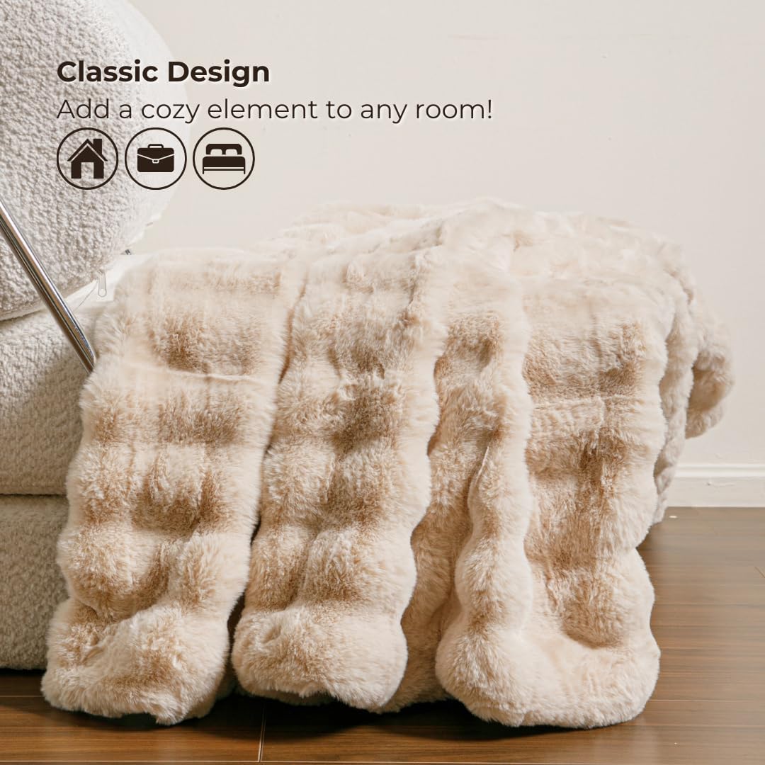 Faux Fur Basketweave Throw Blanket 60"x70" Shoreline Beige - Luxuriously Soft Cozy Warm Gift for Women, Plush Silky Fuzzy Weighted Reversible Design Home Decor