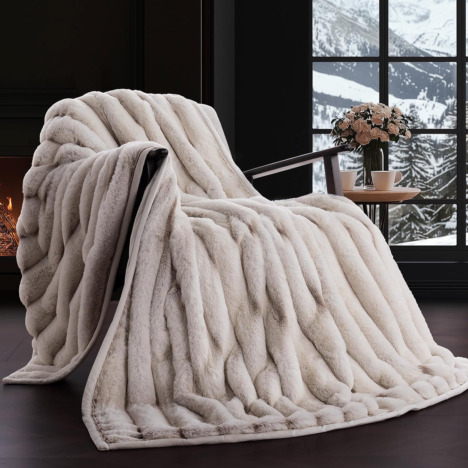 Soft Luxury Faux Rabbit Fur Throw Blanket for Couch, Cozy Fluffy Channel Throw Blanket for Bed, Fuzzy Warm Thick Mink Blanket with Reversible Plush Velvet for Winter, Beige, 50"x60", 820GSM