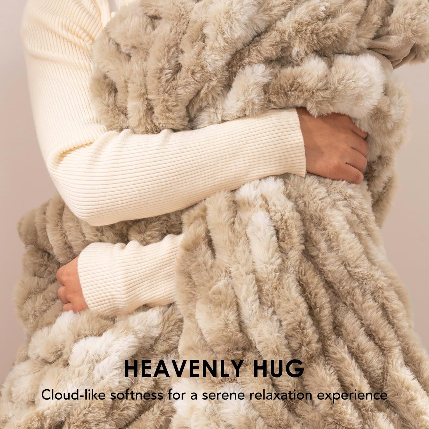 Luxurious Soft Faux Rabbit Fur Throw Blanket, Cozy Fuzzy Plush Warm Throws for Couch Bed Sofa Chair Home Decor, Ruched Bubble Fluffy Blanket with Reversible Velvet, 50" x 60", Beige