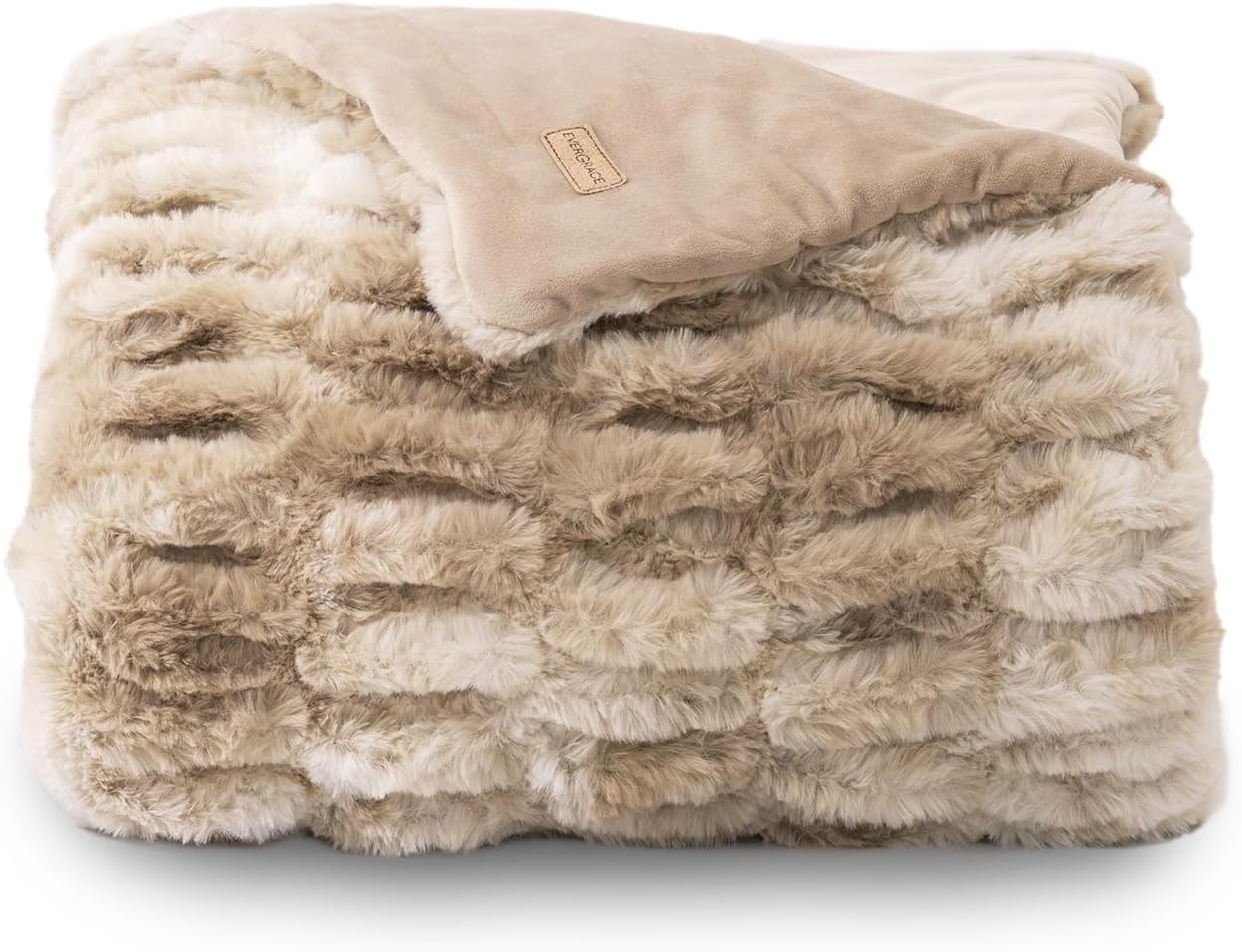 Luxurious Soft Faux Rabbit Fur Throw Blanket, Cozy Fuzzy Plush Warm Throws for Couch Bed Sofa Chair Home Decor, Ruched Bubble Fluffy Blanket with Reversible Velvet, 50" x 60", Beige