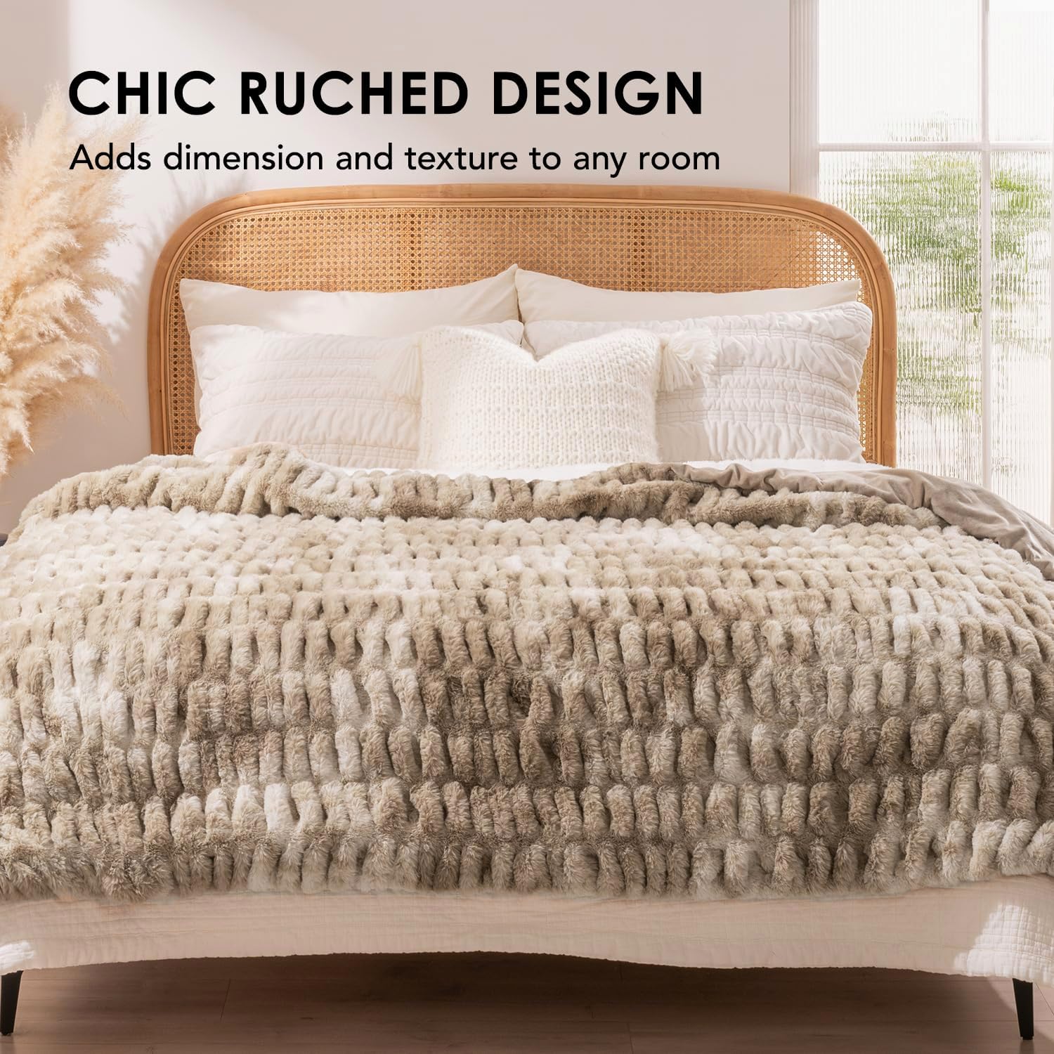 Luxurious Soft Faux Rabbit Fur Throw Blanket, Cozy Fuzzy Plush Warm Throws for Couch Bed Sofa Chair Home Decor, Ruched Bubble Fluffy Blanket with Reversible Velvet, 50" x 60", Beige